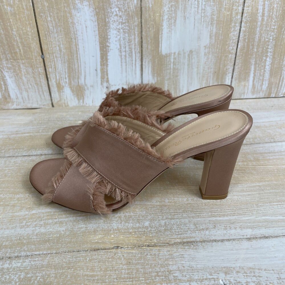 Gianvito Rossi Sandals Crossover Frayed Edges Chunky Heel Satin Pink 37½ Italy - Picture 2 of 13